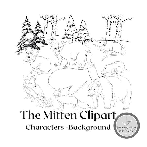 The mitten by jan brett characters mitten and background clipart piece set color black line personal and mercial use