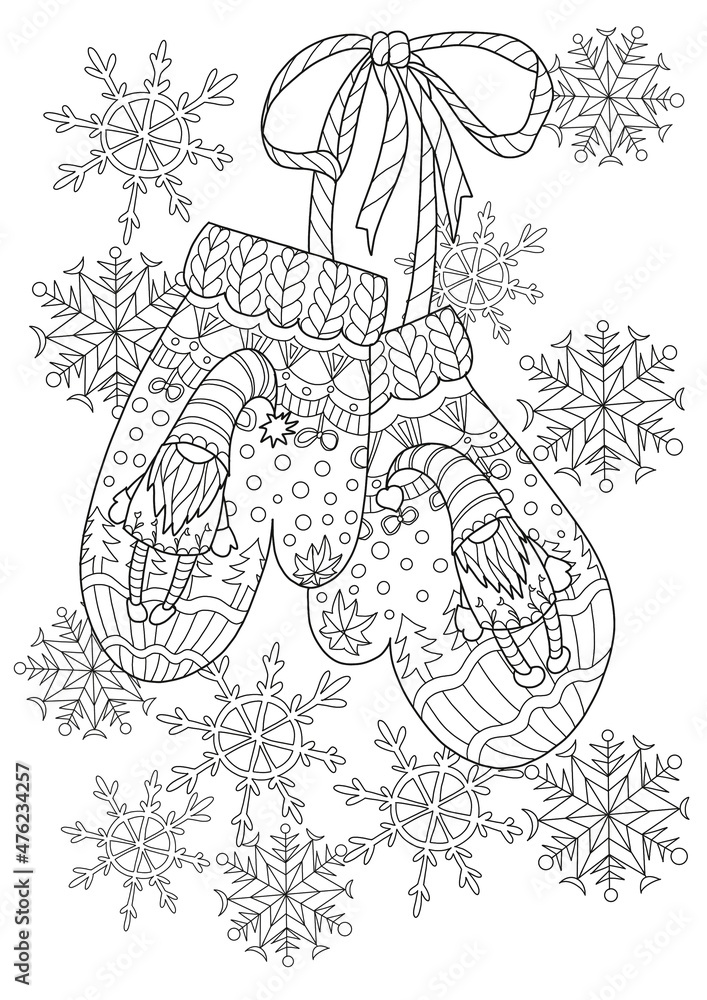 Coloring book for adults and children christmas mitten and christmas gnome on a background of snowflakes illustration