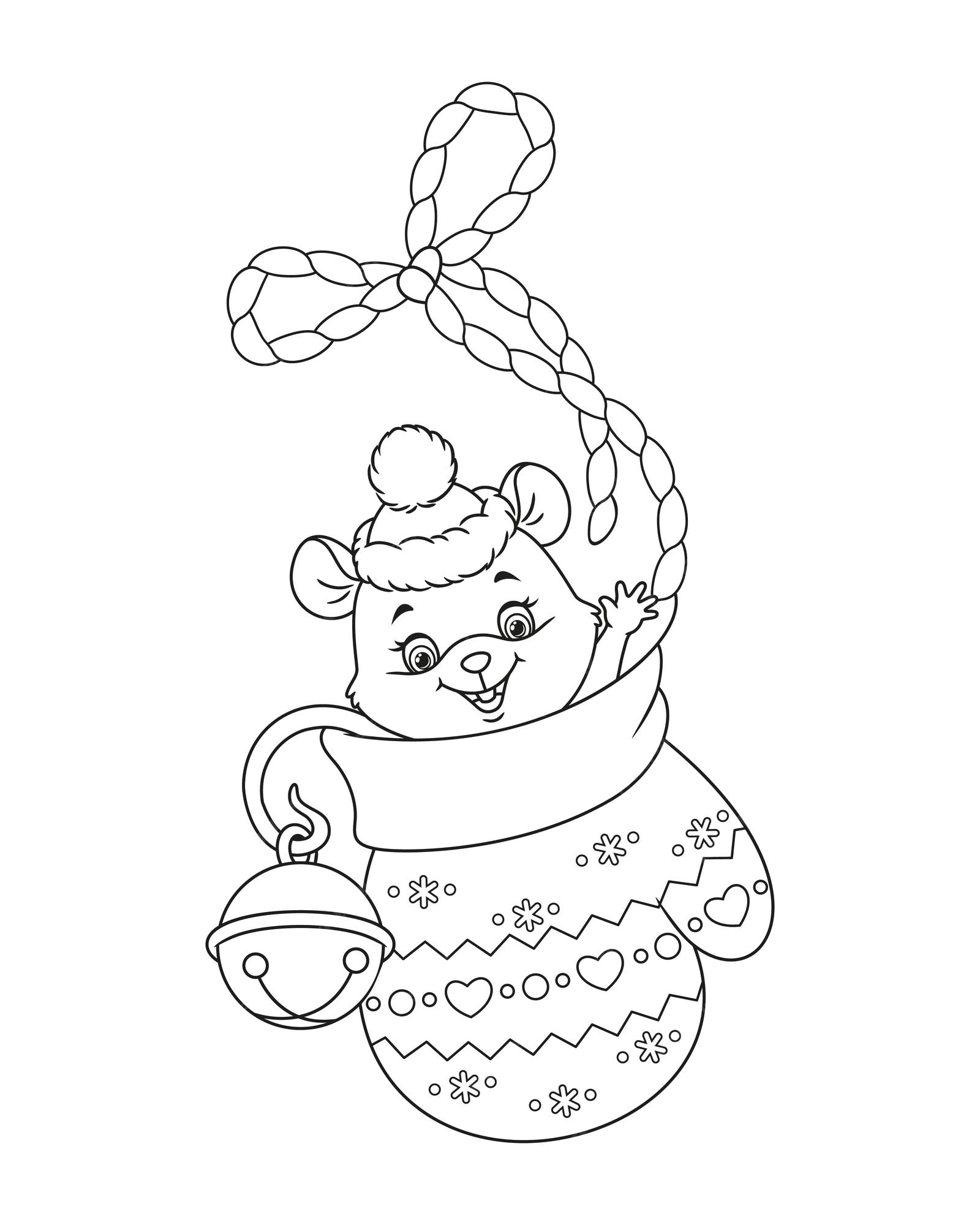 Premium vector little mouse sitting in a mitten christmas coloring page