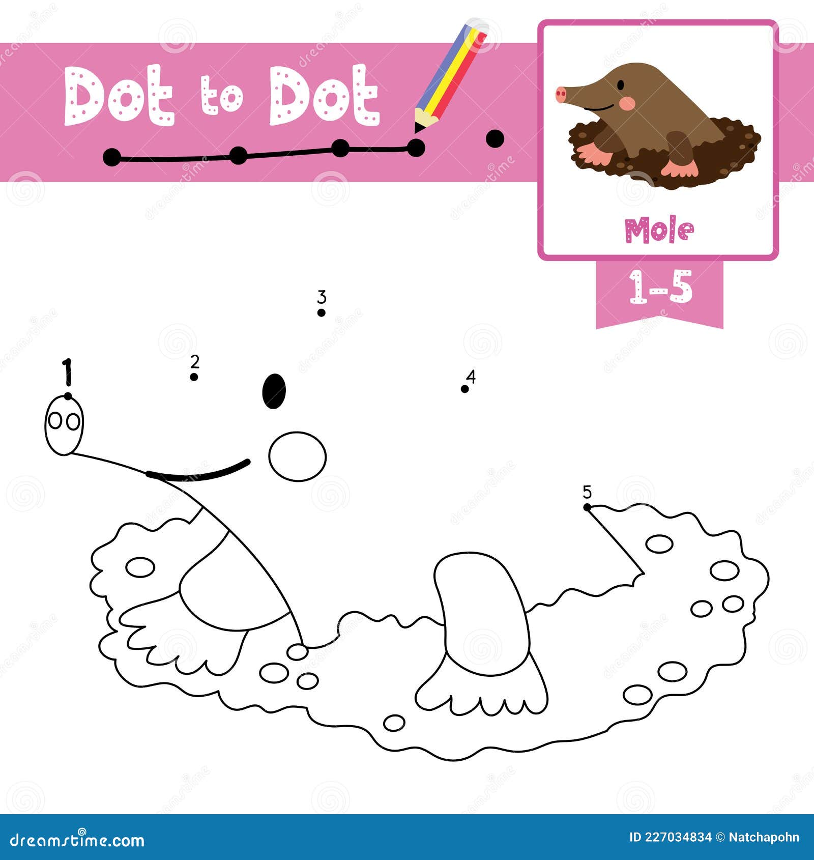 Dot to dot educational game and coloring book mole digging out of the dirt animal cartoon character vector illustration stock vector