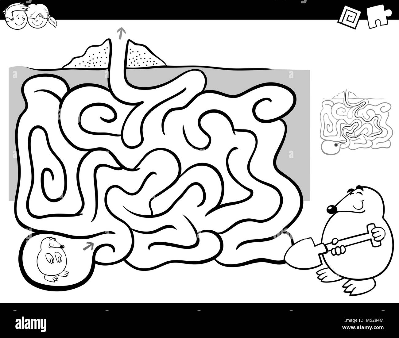 Maze activity coloring book wit mole animal stock photo