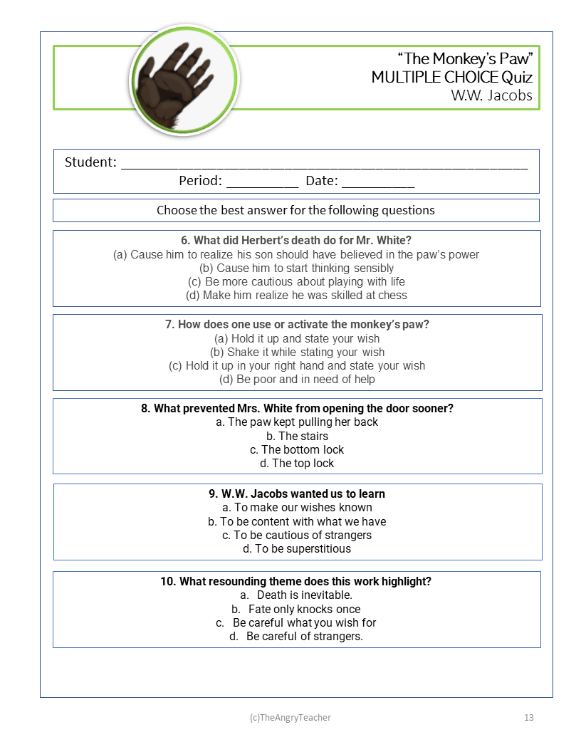 The monkeys paw unit quizzes