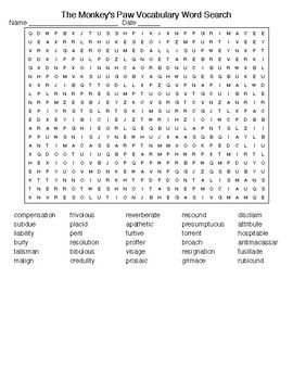 The monkeys paw vocabulary word search and crossword with keys the monkeys paw vocabulary words vocabulary