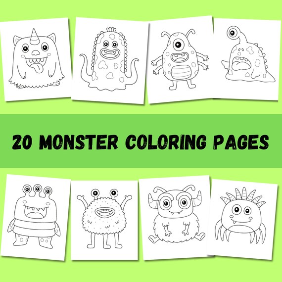 Monster coloring pages alien ufo cute fuzzy printable instant download kids activity instant download