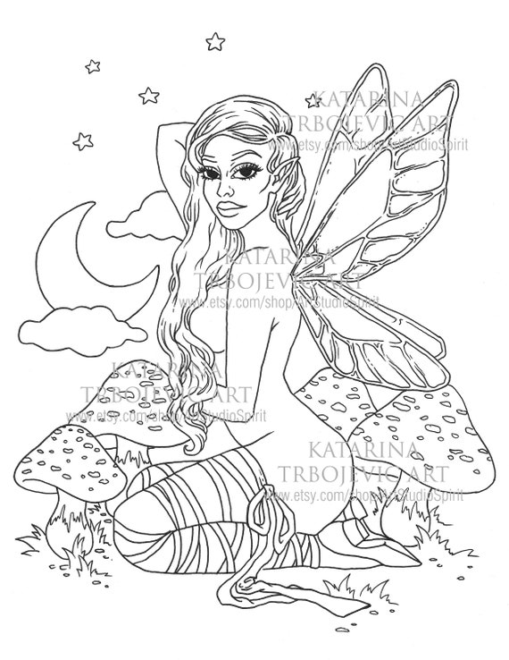 Nude fairy adult coloring page mushrooms moon and stars fantasy woman sensual fantasy art printable instant download pdf and jpeg