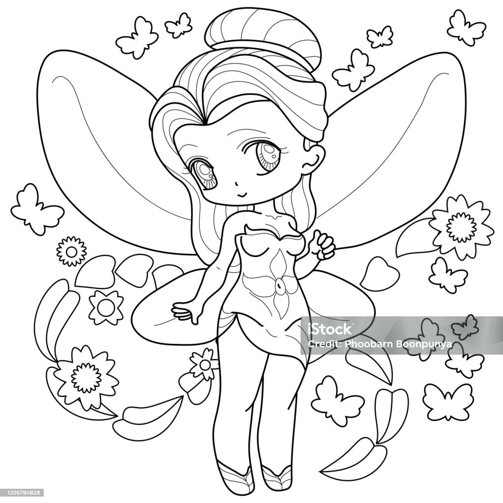 Spring little fairy girl with wings outlined on white background for kids coloring book vector illustration stock illustration