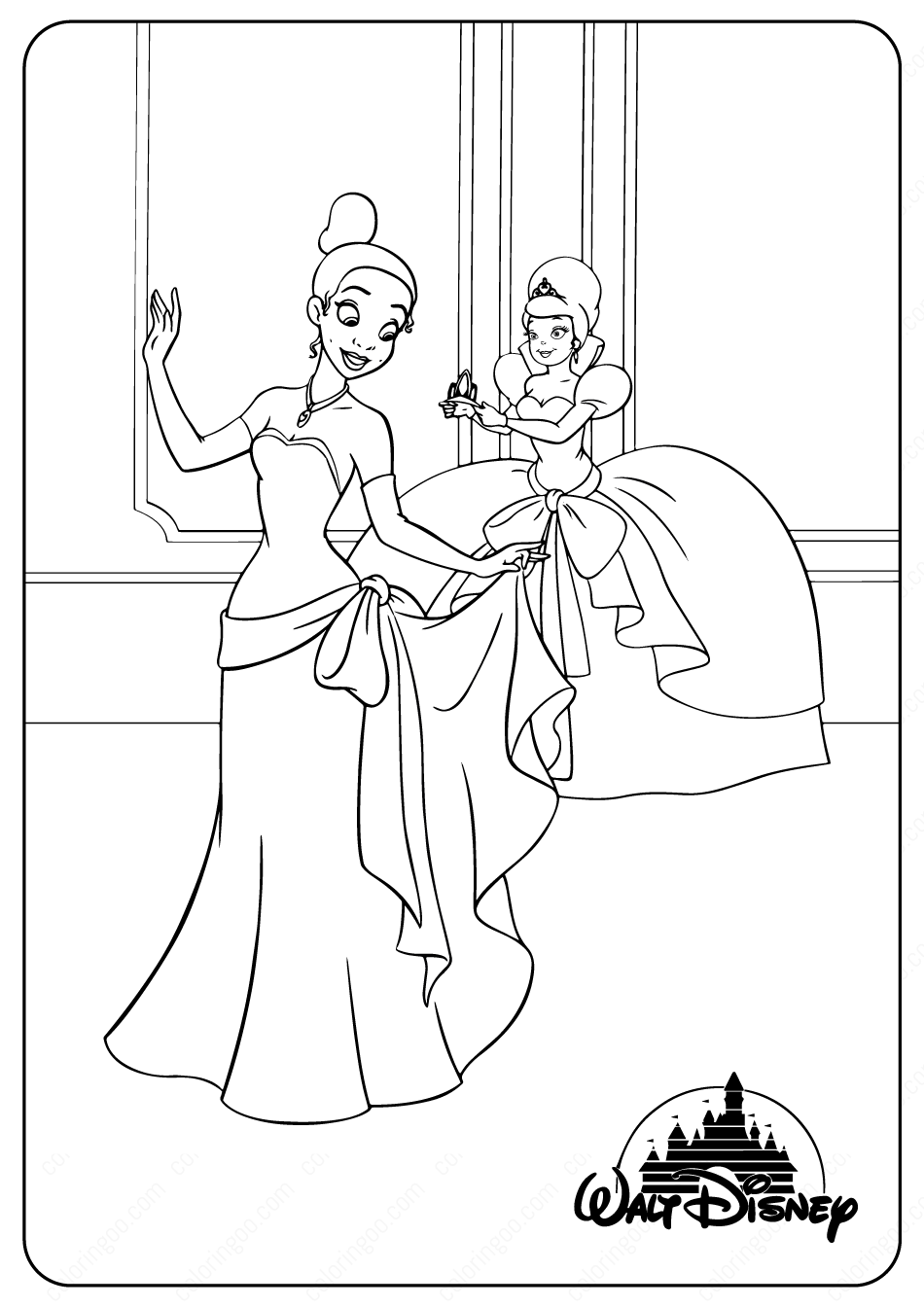 Tiana and charlotte coloring pages frog coloring pages coloring pages disney coloring pages