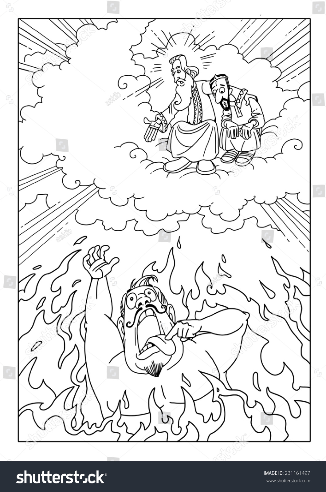 Rich man suffering hellfire asks lazarus stock illustration