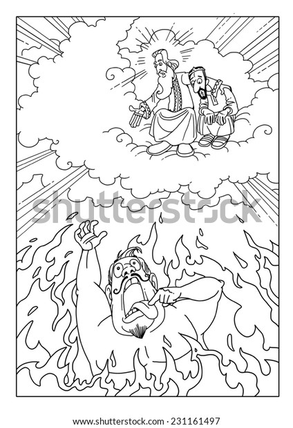 Rich man suffering hellfire asks lazarus stock illustration