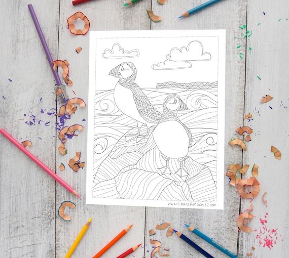 Puffins on a rock coloring sheet for adults and kids bird coloring page digital download coloring instant download coloring page