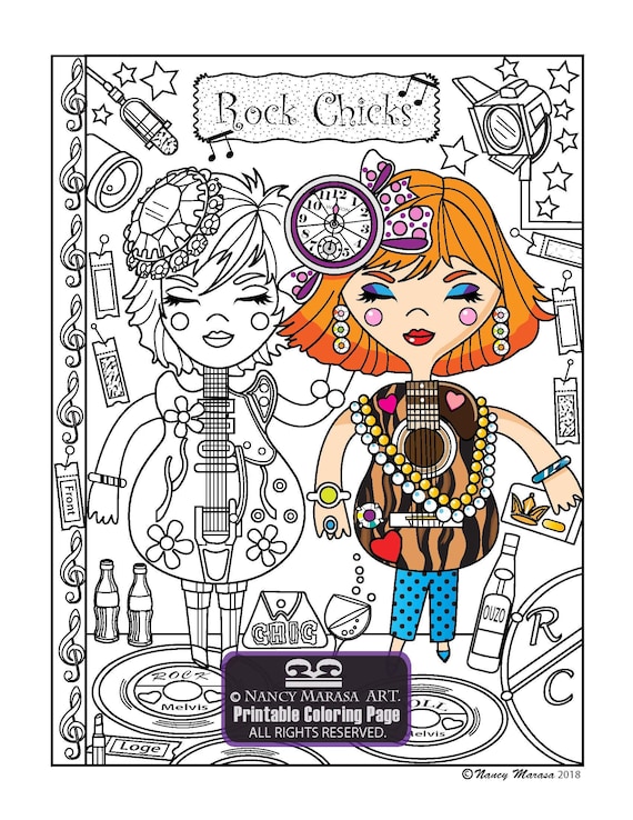 Guitar girls coloring book page rock chick duo coloring pages for adults and teens coloring sheets musical whimsical fantasy