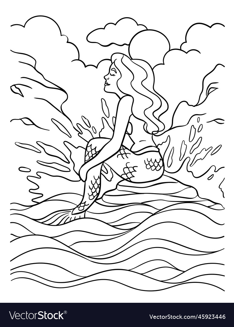 Mermaid sitting on the rock coloring page for kids