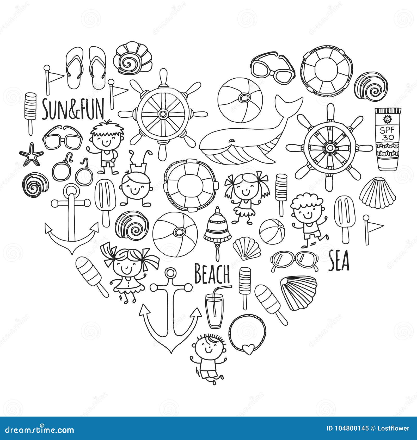 Coloring page beach set with children kindergarten or school vacation small kids nursery sea ocean lighthouse boys stock vector