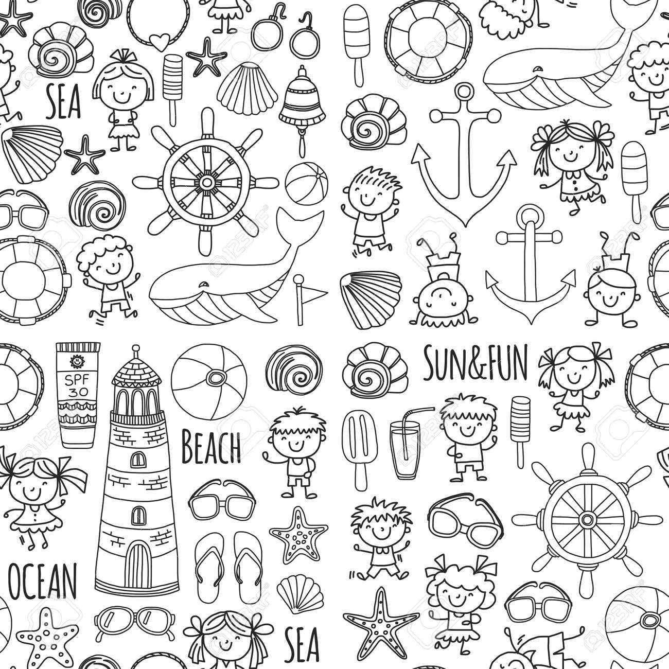 Coloring page beach set with childrens school vacation small kids nursery sea ocean lighthouse boys and girls doodle vector icons and patterns royalty free svg cliparts vectors and stock illustration image