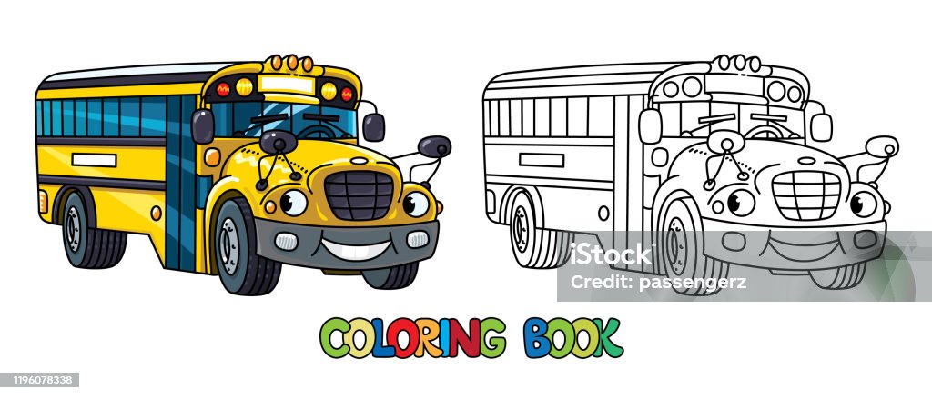 Funny small school bus with eyes coloring book stock illustration