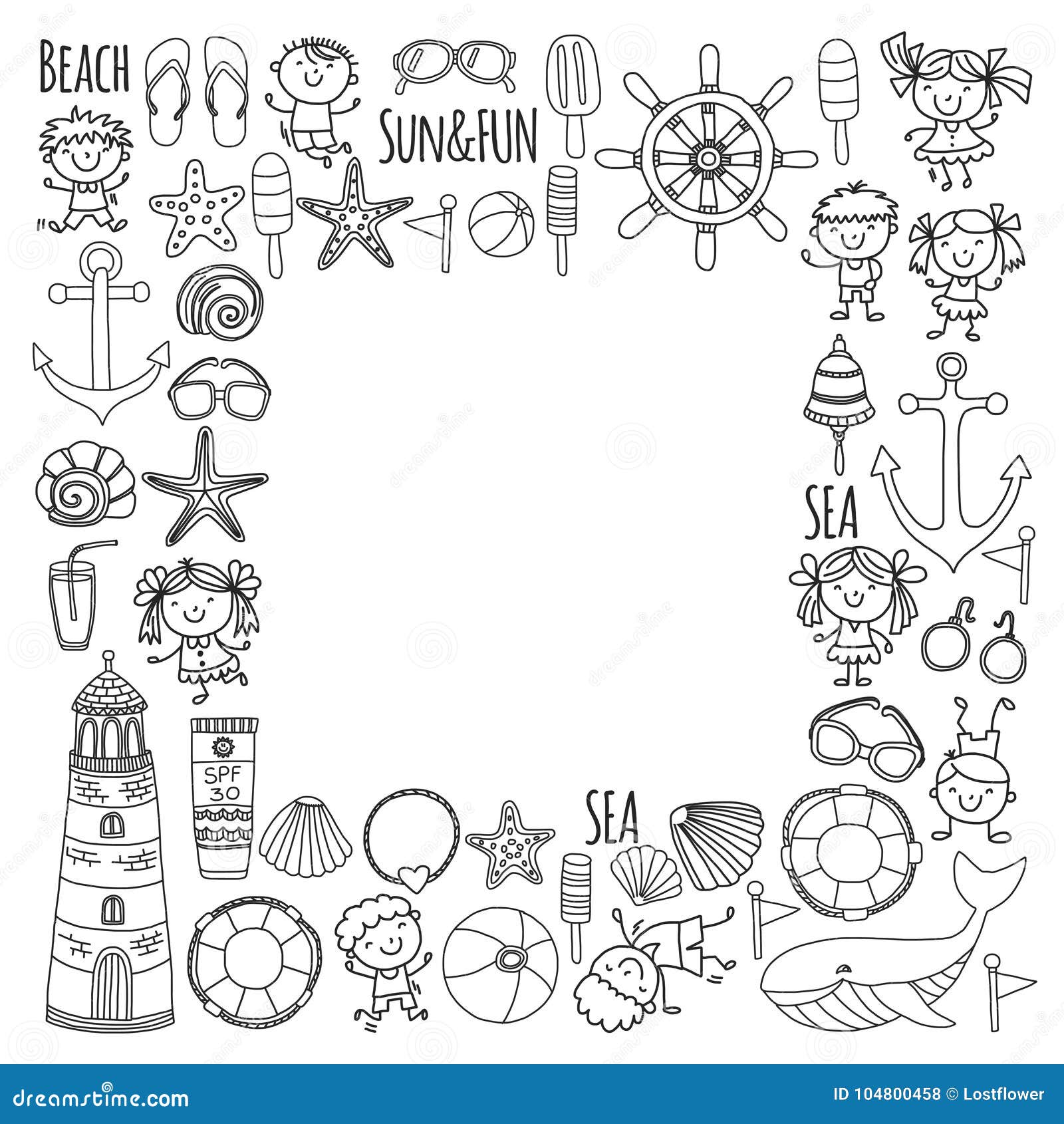 Coloring page beach set with children kindergarten or school vacation small kids nursery sea ocean lighthouse boys stock vector