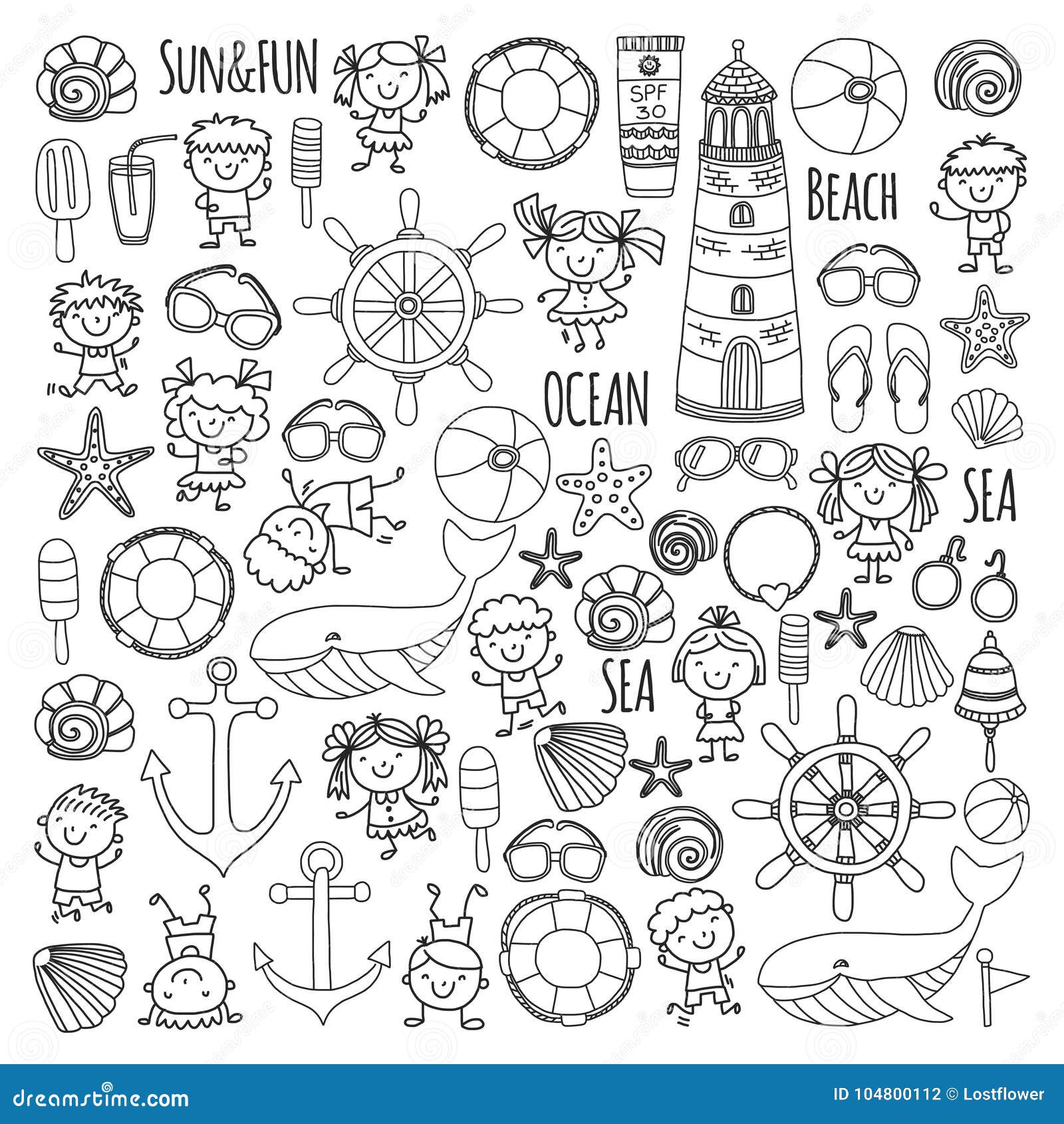 Coloring page beach set with children kindergarten or school vacation small kids nursery sea ocean lighthouse boys stock vector