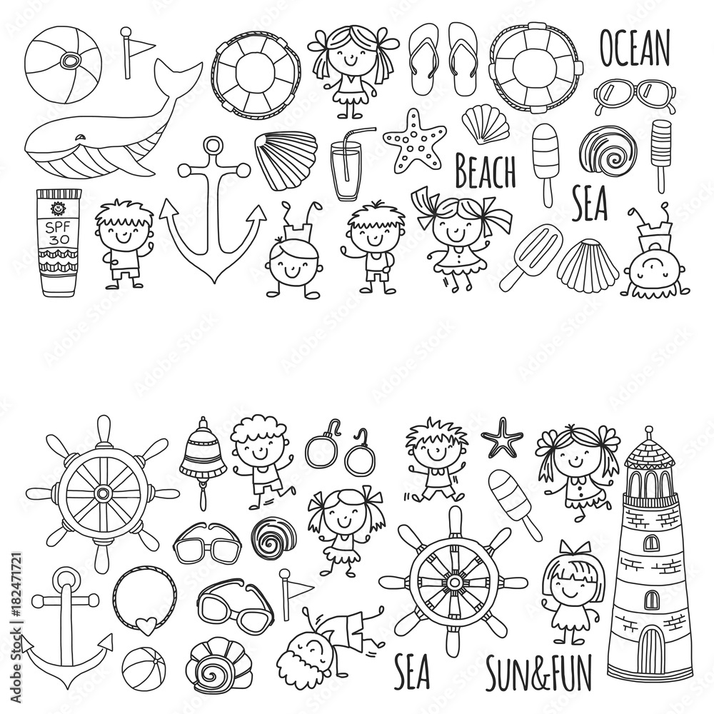 Coloring page beach set with children kindergarten or school vacation small kids nursery sea ocean lighthouse boys and girls doodle vector icons and patterns vector