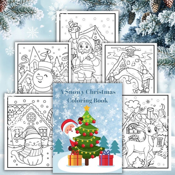 A snowy christmas printable coloring book coloring pages for kids stocking stuffer snowman reindeer santa claus christmas cat