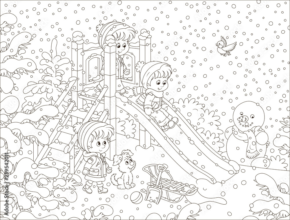 Children playing on a slide at a snow