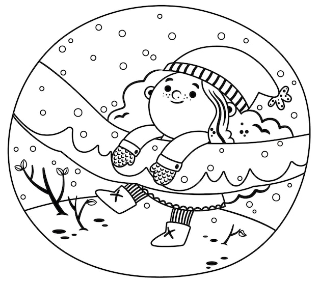 Premium vector happy little girl having fun on a snowy day black and white vector illustration