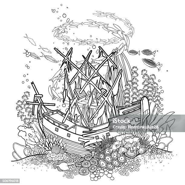 Ancient sunken ship and coral reef stock illustration