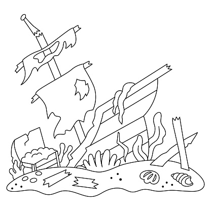 Vector black and white wrecked ship icon sunken sea vessel line illustration ruined pirate boat with treasure chest on the seabed cartoon underwater or marine coloring page for children stock illustration