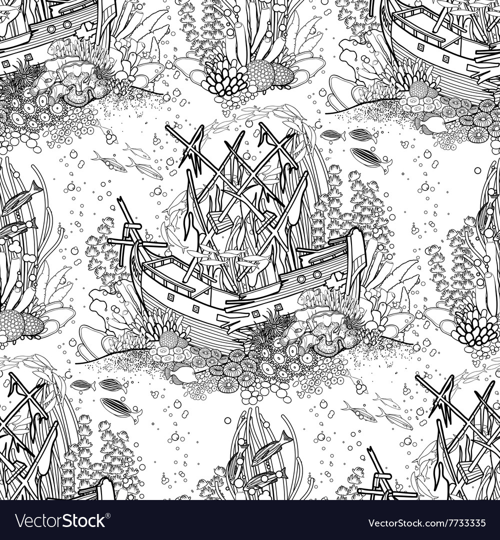 Ancient sunken ship and coral reef pattern vector image