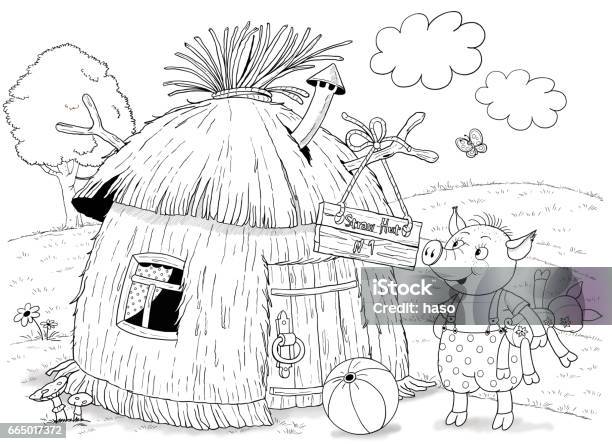 Three little pigs fairy tale illustration for children coloring page cute and funny cartoon characters stock illustration