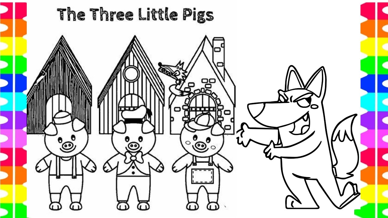 Three little pigs story drawing and coloring for kids toddlers how to draw easy