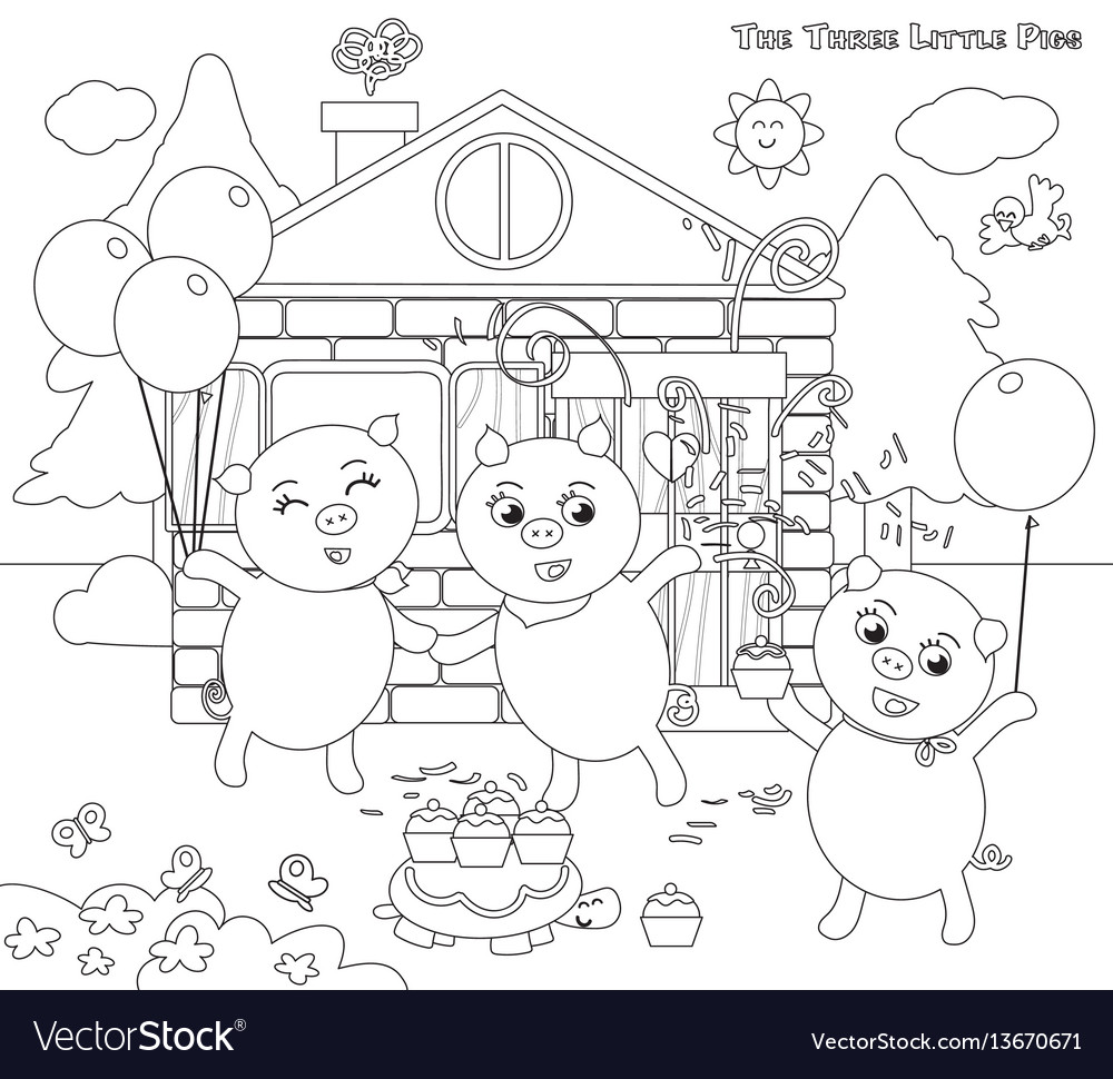 Coloring three little pigs folktale happy ending vector image