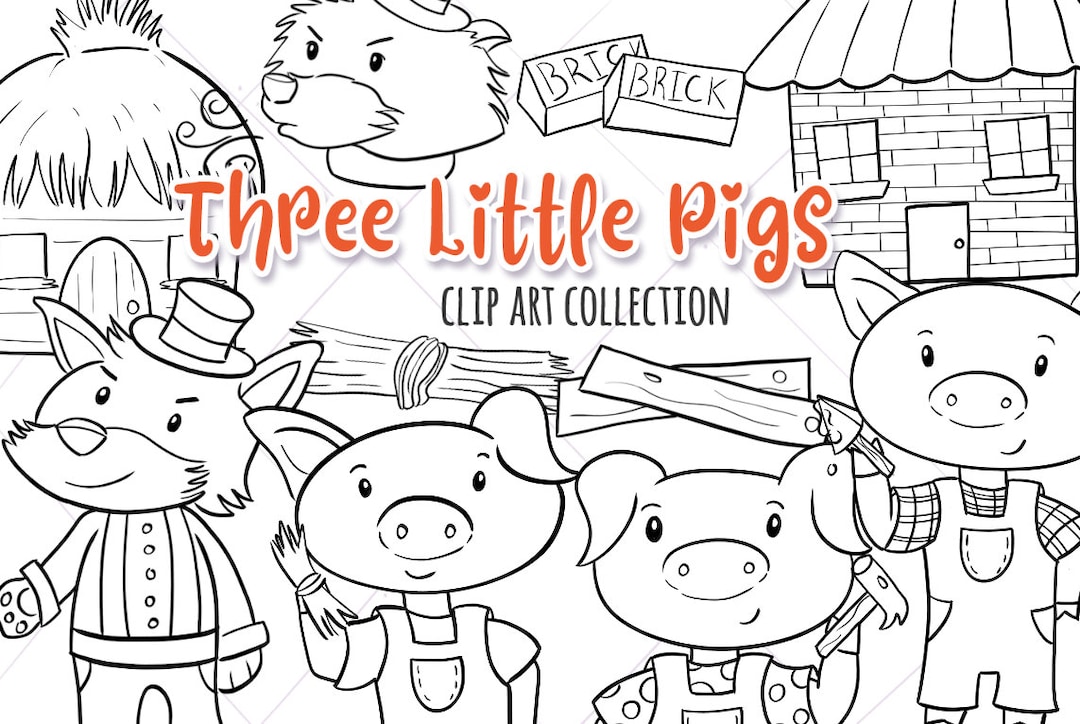 Three little pigs fairy tale black and white illustrations fairy tale coloring pages three pigs digital stamps