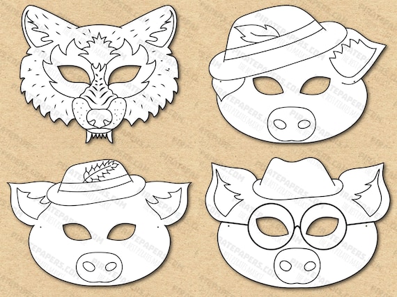 The three little pigs masks printable coloring big bad wolf paper diy for kids and adults pdf template instant download halloween