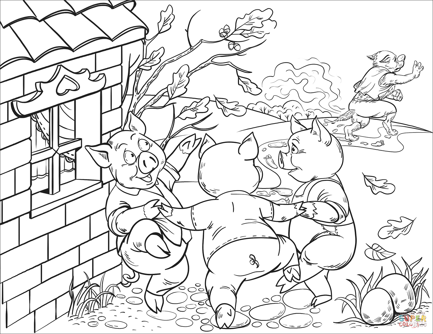 Happy three little pigs dancing coloring page free printable coloring pages