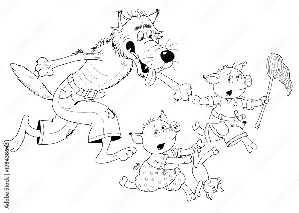 Three little pigs fairy tale cute pigs and a hungry wolf coloring page illustration for children funny cartoon characters illustration