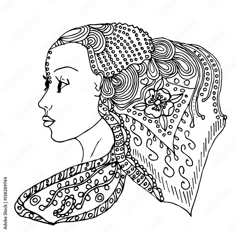 Vector young pretty girl with doodle hairs womans face in profile can be used as adult coloring book coloring pages card invitation vector