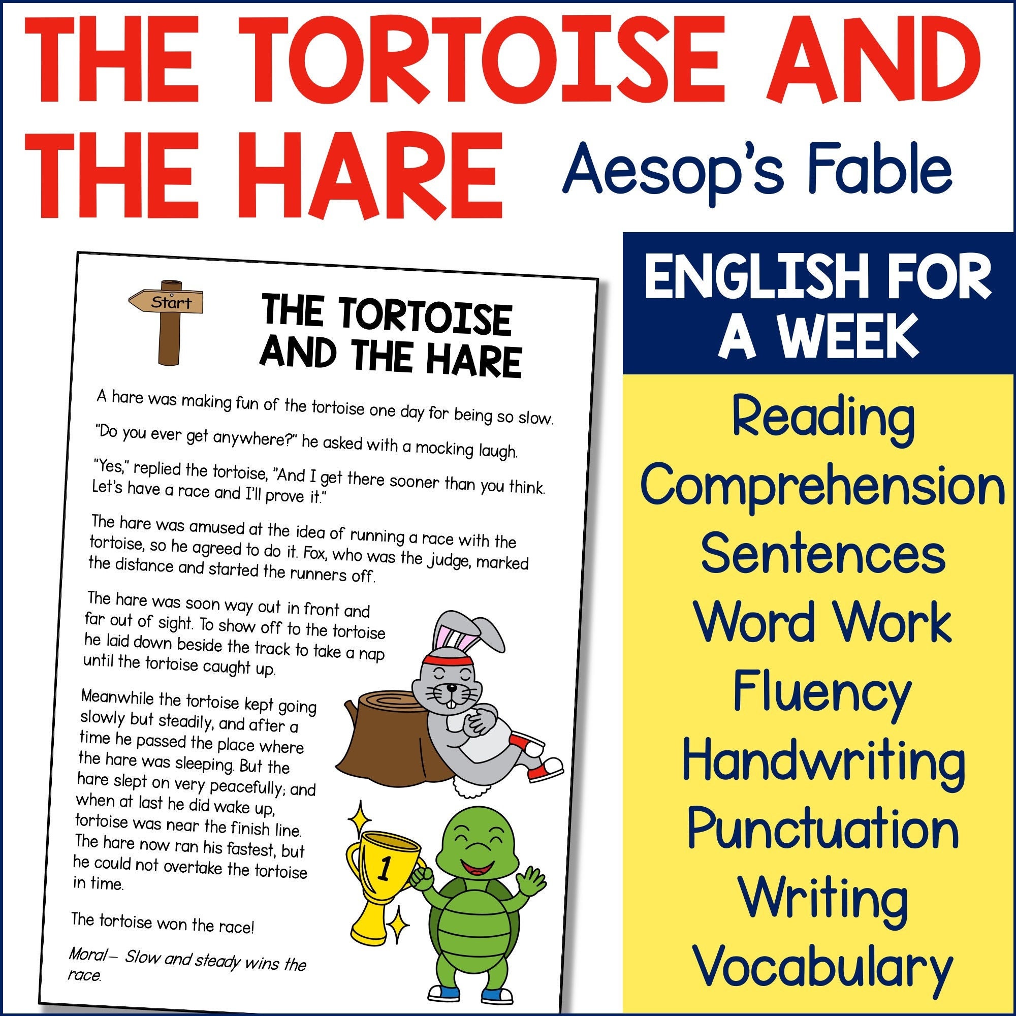 The tortoise and the hare aesop fable literacy lessons for a week writing worksheets word search handwriting lines making words etc