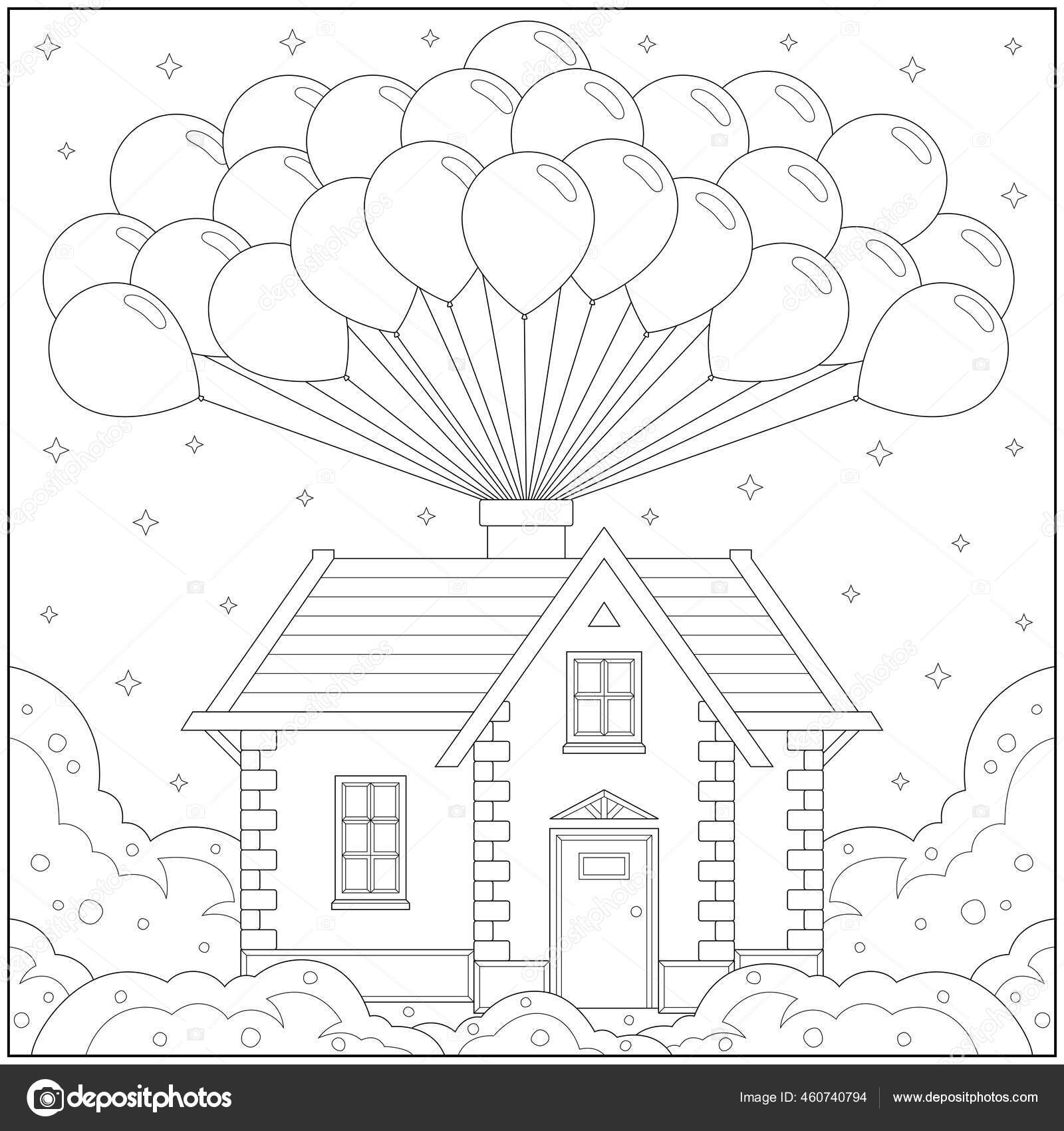 Fantasy house flying sky balloon learning education coloring page illustration stock vector by gurjigur