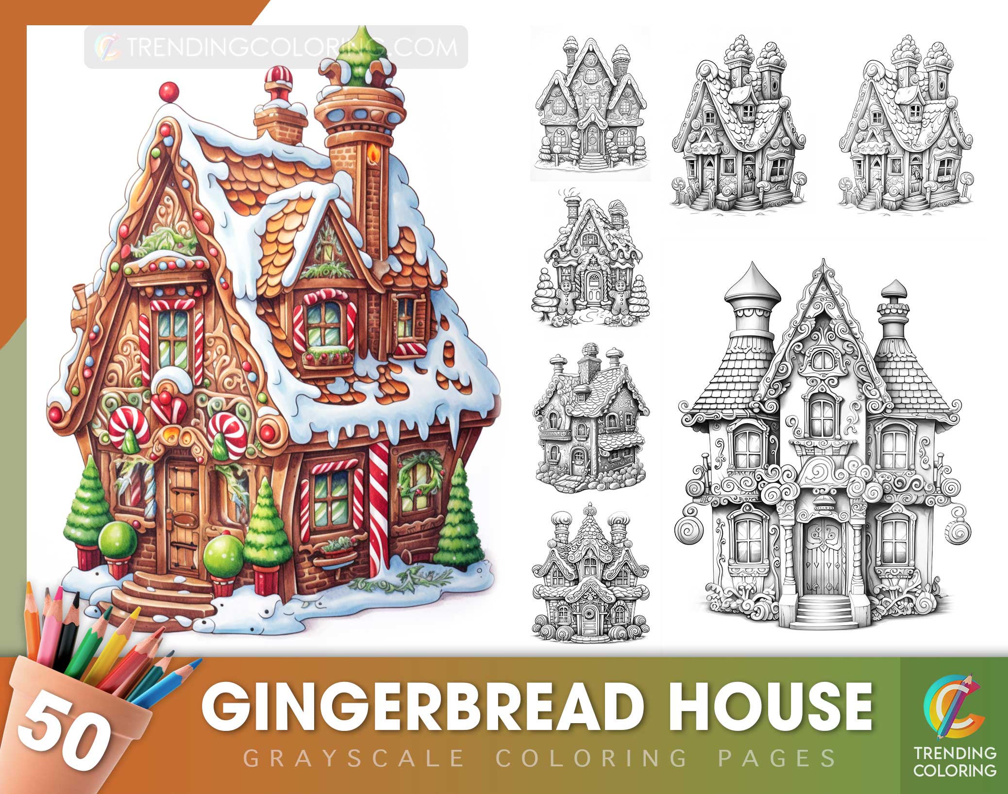 Gingerbread house grayscale coloring pages