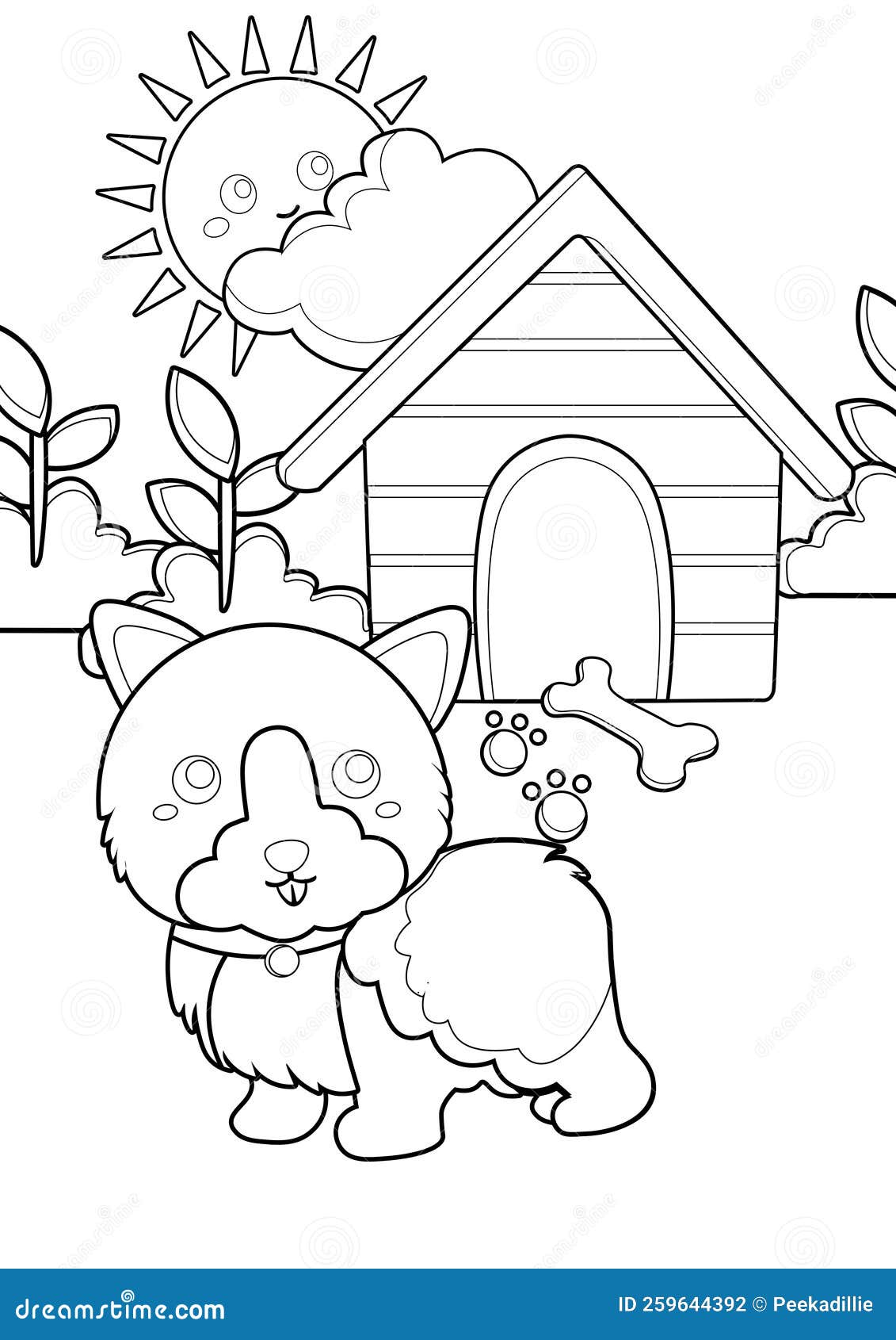 Dog and house coloring pages a for kids and adult stock illustration