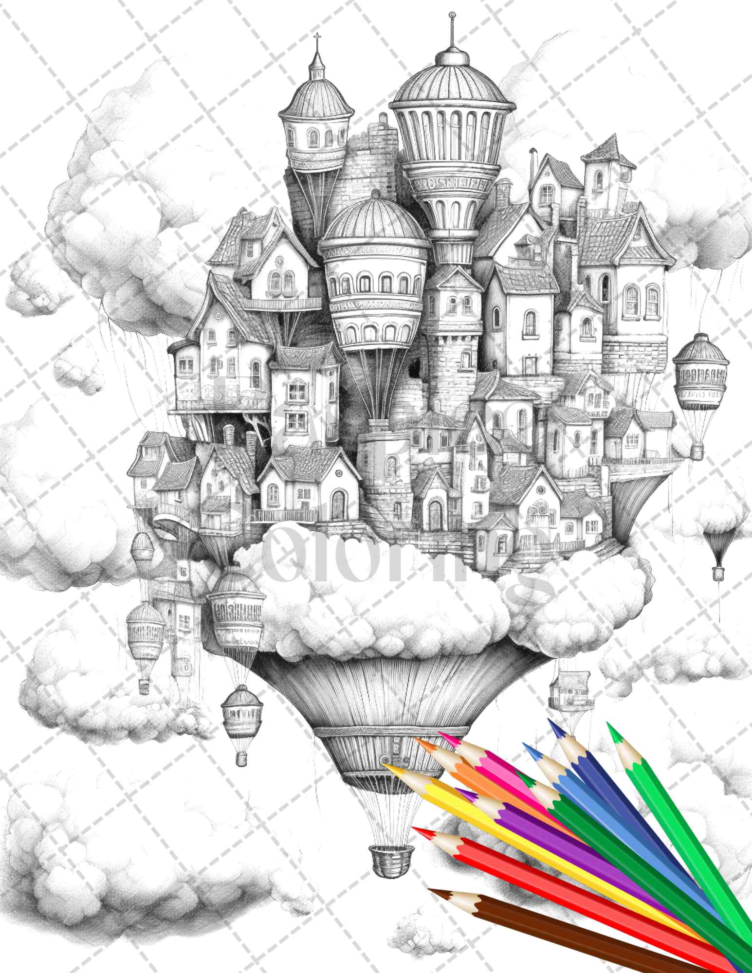Fantasy sky houses grayscale coloring pages printable for adults p â coloring