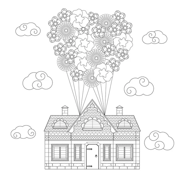 Village house flying in clouds on a balloon of flowers coloring book for children and adults vector illustration stock vector by werikbgmail