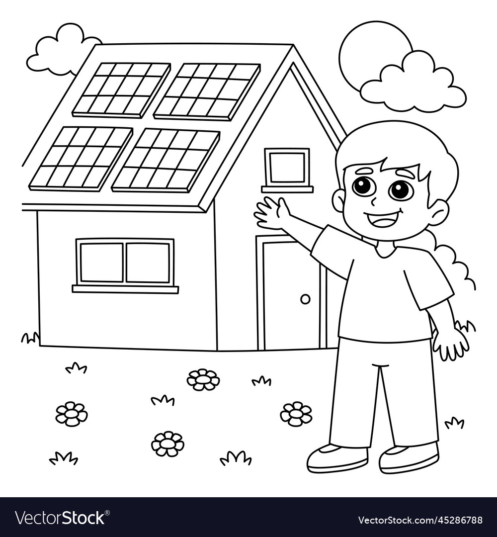 Boy with a solar panel house coloring page vector image