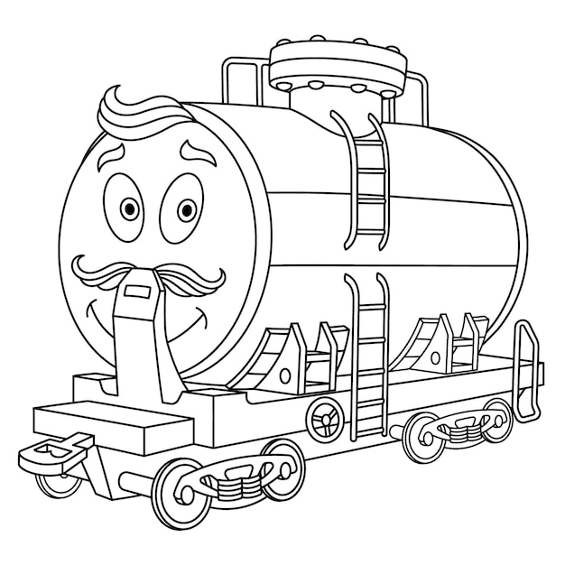 Premium vector railway oil or fuel tank cartoon toy vehicle with funny face coloring book page for kids