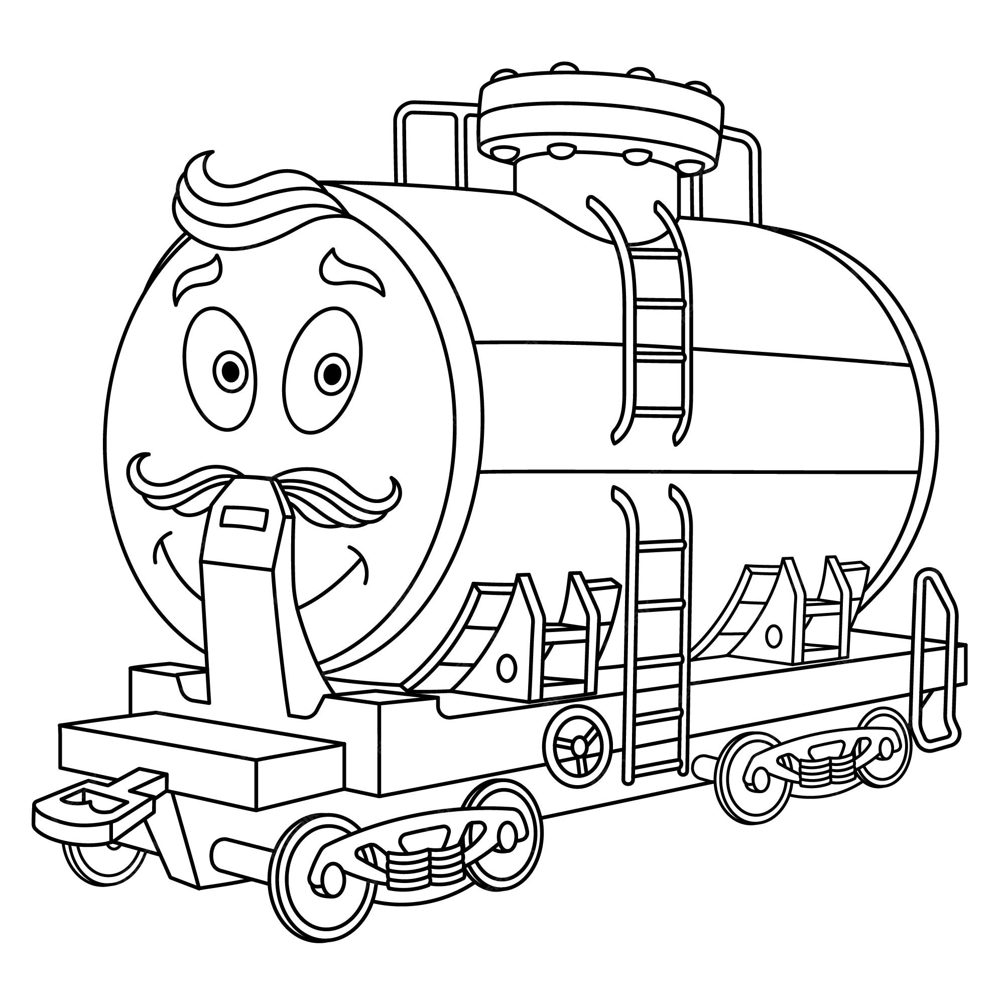 Premium vector railway oil or fuel tank cartoon toy vehicle with funny face coloring book page for kids