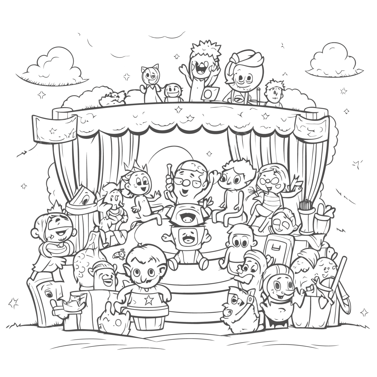 Kids theatre coloring book page featuring a family of kids outline sketch drawing vector book drawing wing drawing ring drawing png and vector with transparent background for free download