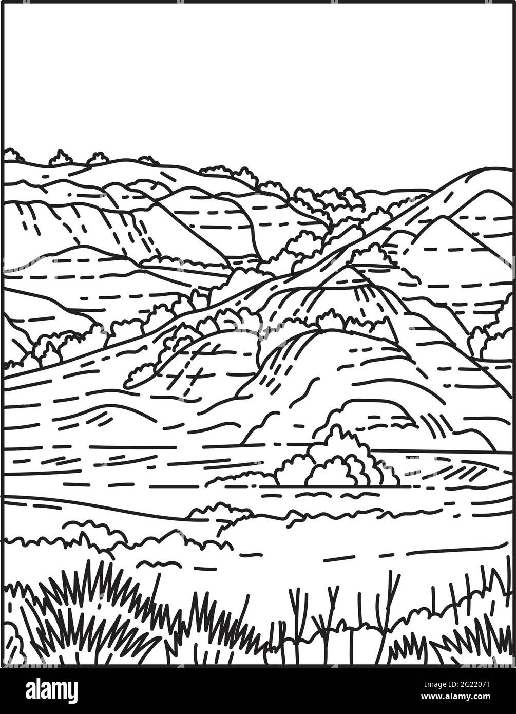 Mono line illustration of the painted canyon located in theodore roosevelt national park in western north dakota united states of america done in ret stock vector image art