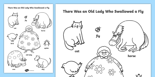 There was an old lady who swallowed a fly words colouring sheet
