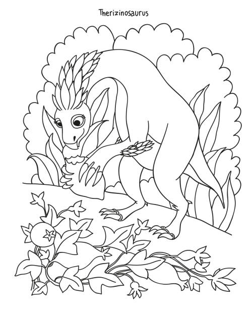 Black and white vector simple illustration for kids coloring book dinosaur therizinosaurus eats some fruit stock illustration