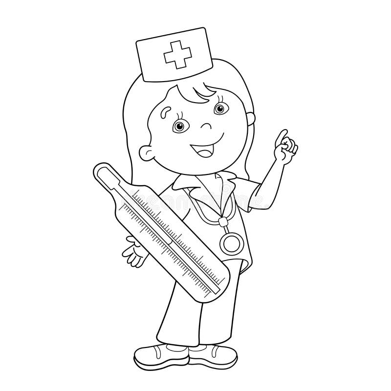 Coloring page outline of cartoon doctor with thermometer stock vector